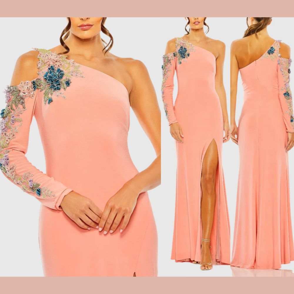 USED Mac Duggal [ 8 ] 2204 One Shoulder LongSleeve Floral Embellished Gown Q1106